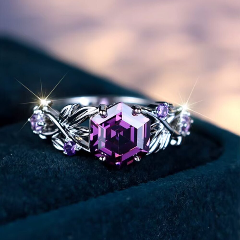 NEW 14k White Gold Amethyst Diamond Ring Hexagon Diamond Cut Purple Ring Band